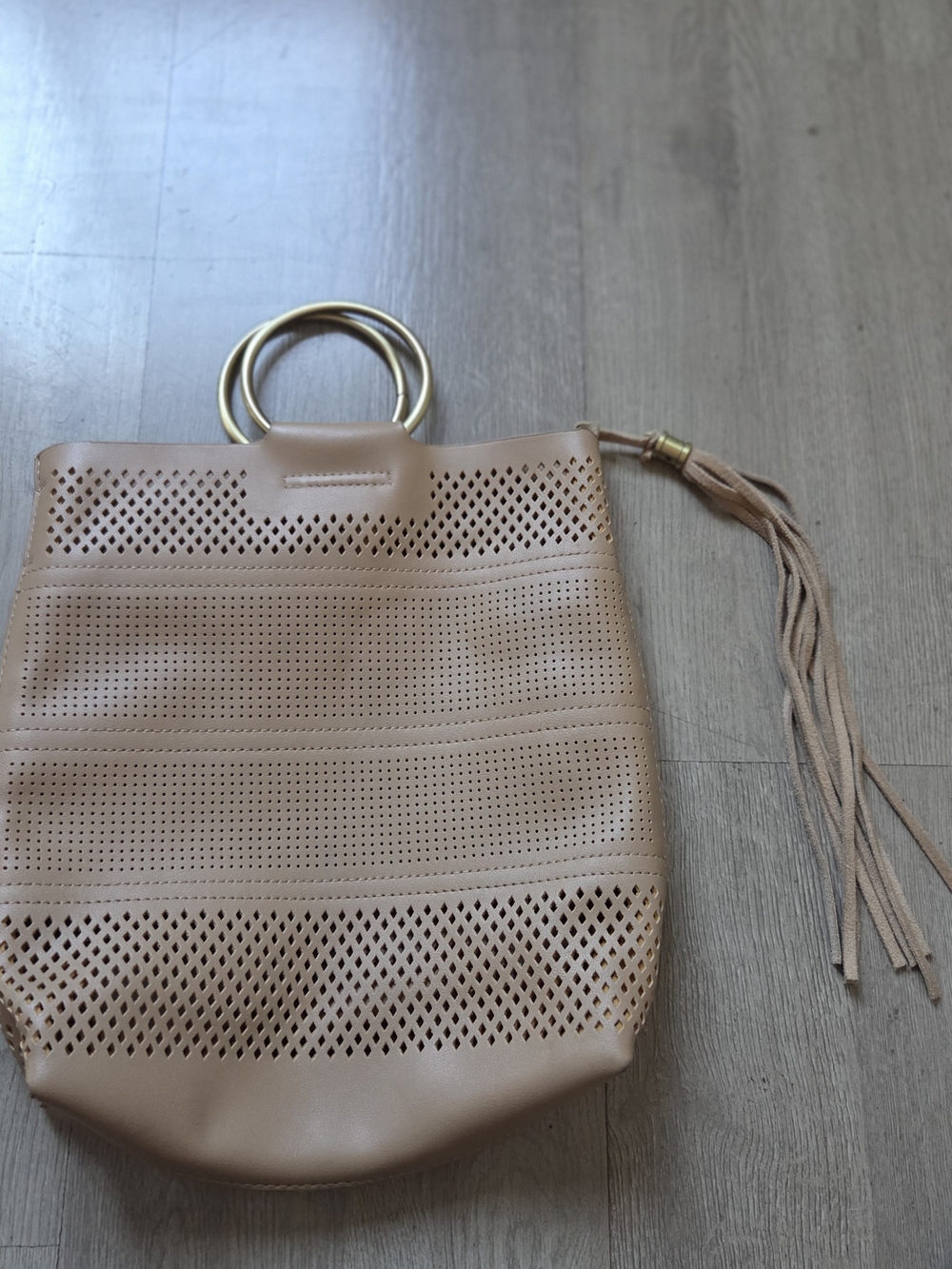Anthropologie Tan Perforated Tote with Gold Ring Handles